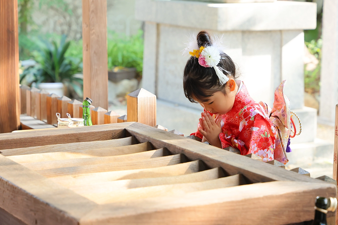 七五三の女の子が神社にお参りする